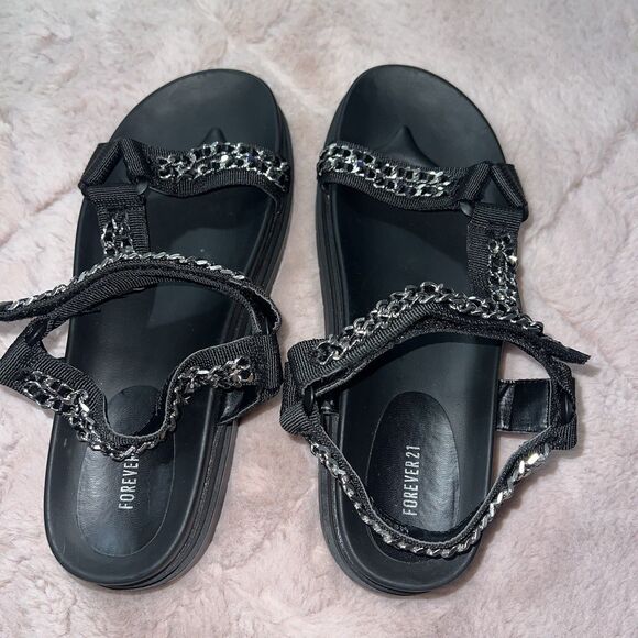 Forever 21 chain stacked platform sandals women’s size 8 black silver - Picture 2 of 5
